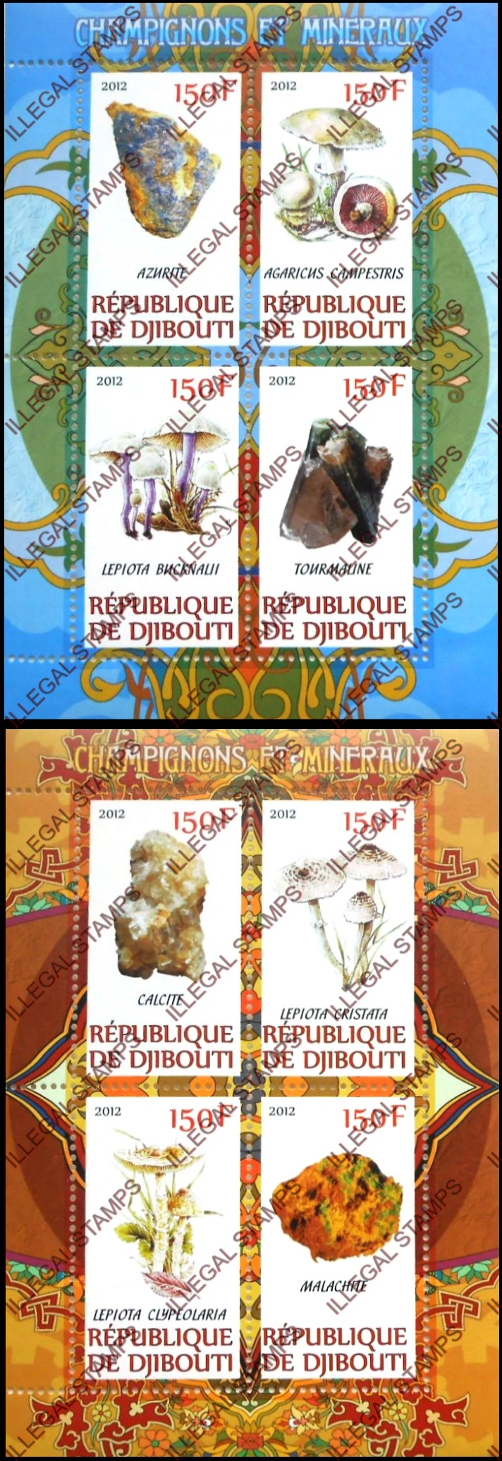 Djibouti 2012 Mushrooms and Minerals Illegal Stamp Souvenir Sheets of 4