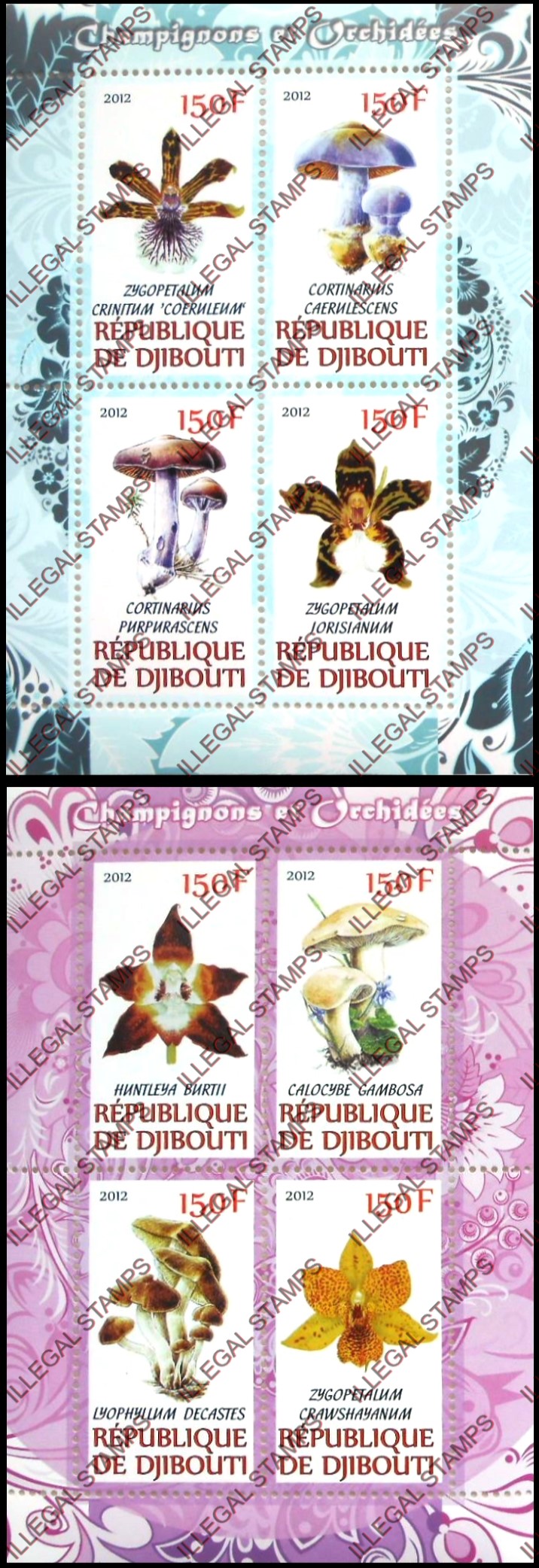 Djibouti 2012 Mushrooms and Orchids Illegal Stamp Souvenir Sheets of 4