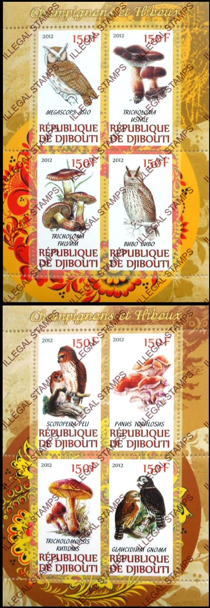 Djibouti 2012 Mushrooms and Owls Illegal Stamp Souvenir Sheets of 4