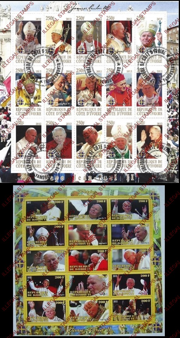 Djibouti 2012 Pope John Paul II Illegal Stamp Sheetlets of 15