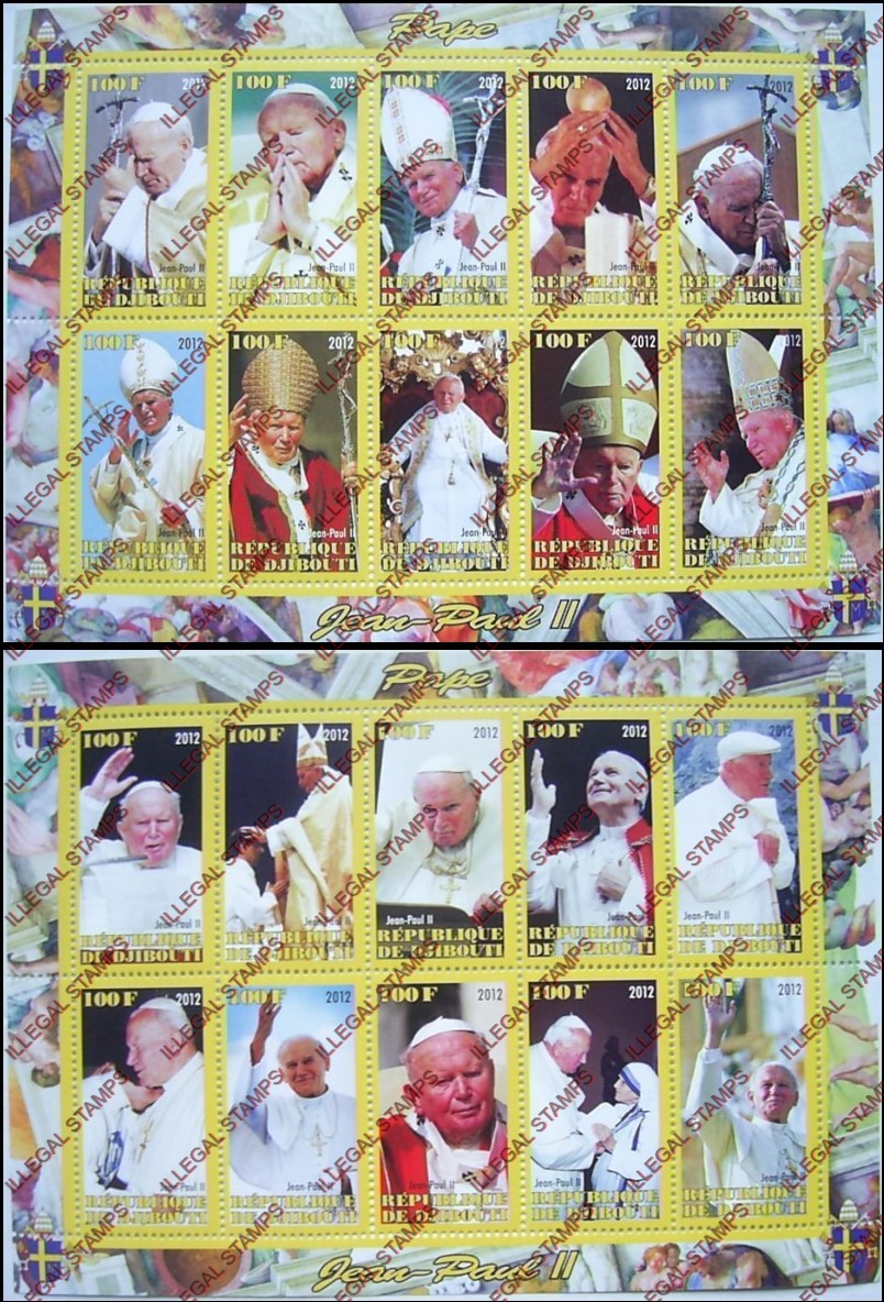 Djibouti 2012 Pope John Paul II Illegal Stamp Sheetlets of 10
