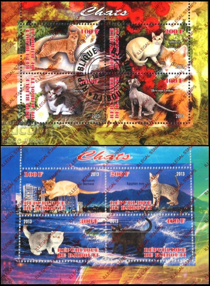 Djibouti 2013 Cats Illegal Stamp Souvenir Sheets of 4