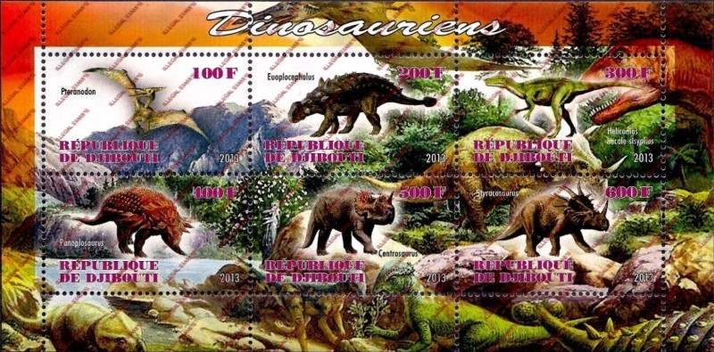 Djibouti 2013 Dinosaurs Illegal Stamp Sheetlet of 6