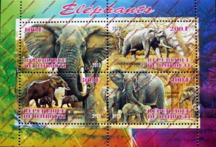 Djibouti 2013 Elephants Illegal Stamp Souvenir Sheet of 4