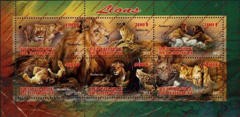 Djibouti 2013 Lions Illegal Stamp Sheetlet of 6
