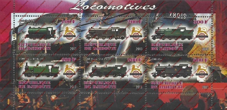 Djibouti 2013 Locomotives Illegal Stamp Sheetlet of 6