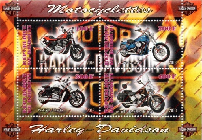 Djibouti 2013 Motorcycles Harley Davidson Illegal Stamp Souvenir Sheet of 4