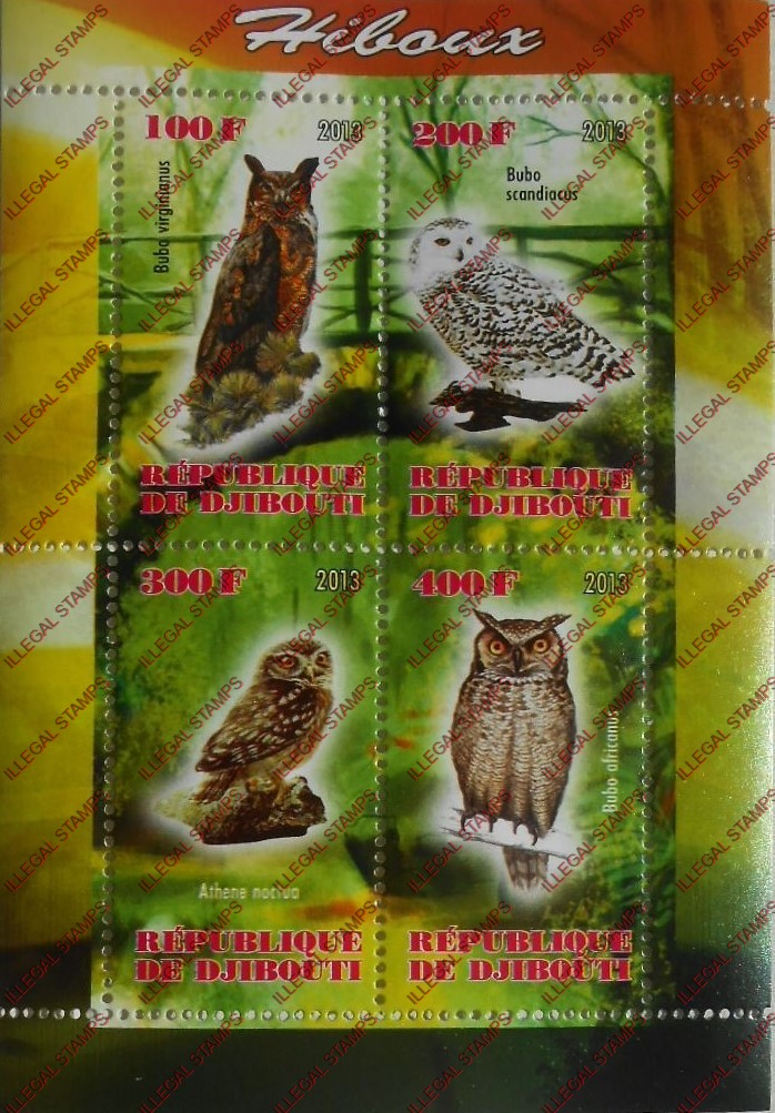 Djibouti 2013 Owls Illegal Stamp Souvenir Sheet of 4