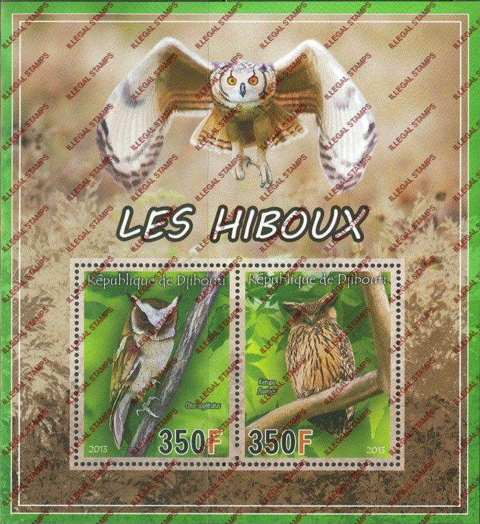 Djibouti 2013 Owls Illegal Stamp Souvenir Sheet of 2