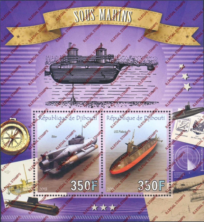 Djibouti 2013 Submarines Illegal Stamp Souvenir Sheet of 2