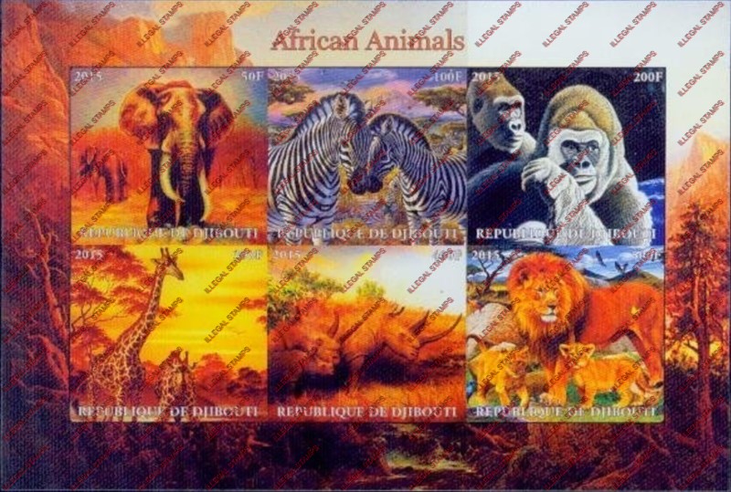 Djibouti 2015 African Animals Illegal Stamp Sheetlet of 6