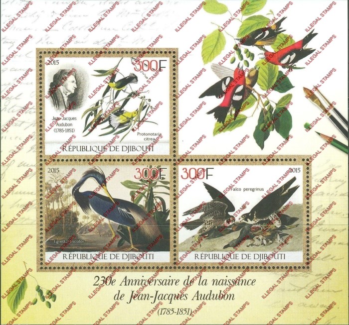 Djibouti 2015 John J. Audubon Birds Illegal Stamp Souvenir Sheet of 3