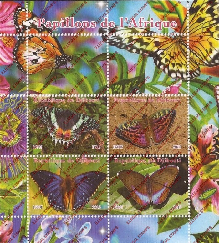 Djibouti 2015 Butterflies of Africa Illegal Stamp Souvenir Sheet of 4