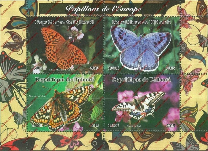 Djibouti 2015 Butterflies of Europe Illegal Stamp Souvenir Sheet of 4