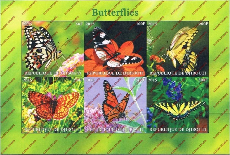 Djibouti 2015 Butterflies Illegal Stamp Sheetlet of 6