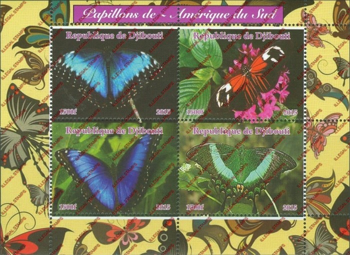 Djibouti 2015 Butterflies of South America Illegal Stamp Souvenir Sheet of 4