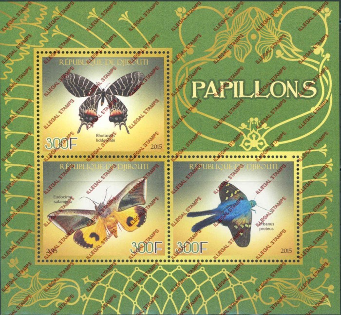 Djibouti 2015 Butterflies Illegal Stamp Souvenir Sheet of 3
