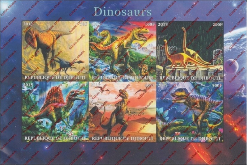 Djibouti 2015 Dinosaurs Illegal Stamp Sheetlet of 6