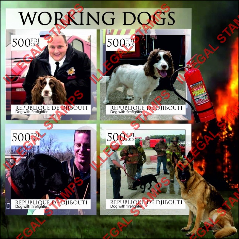 Djibouti 2015 Dogs Working Dogs Illegal Stamp Souvenir Sheet of 4
