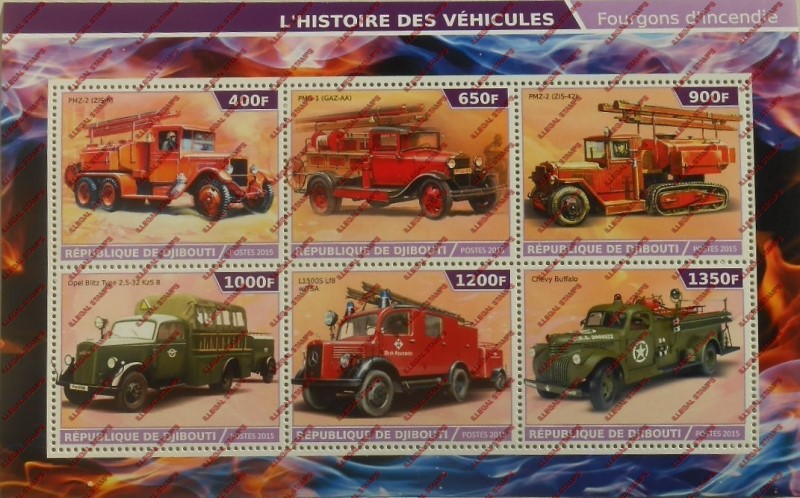 Djibouti 2015 Fire Trucks (classic) Illegal Stamp Sheetlet of 6