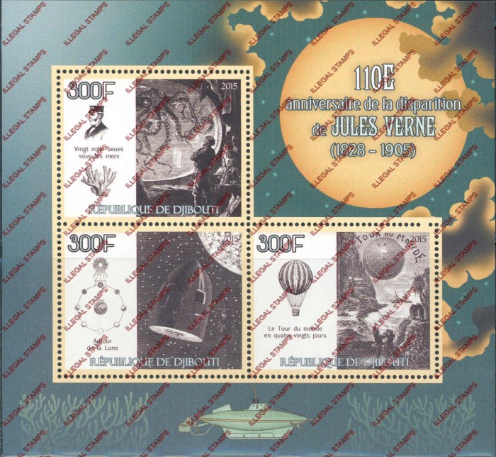 Djibouti 2015 Jules Verne Illegal Stamp Souvenir Sheet of 3
