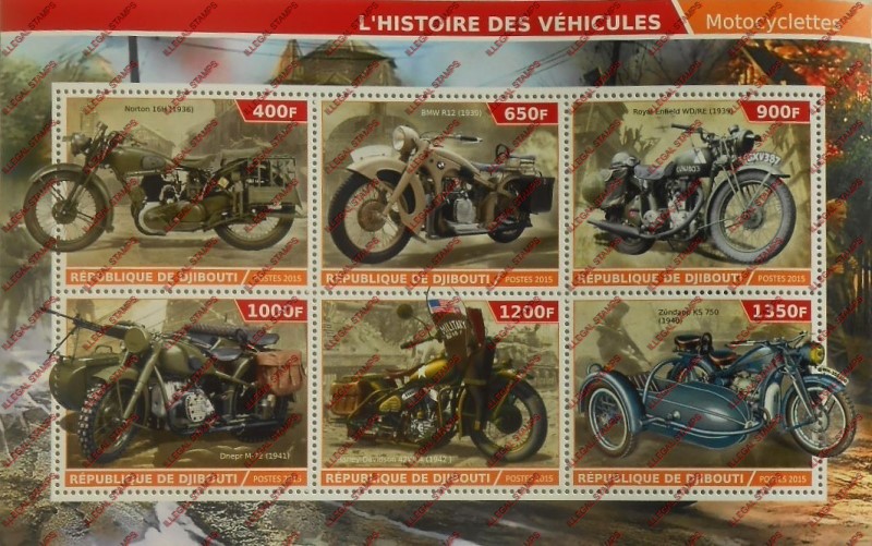 Djibouti 2015 Motorcycles (mid-century) Illegal Stamp Sheetlet of 6