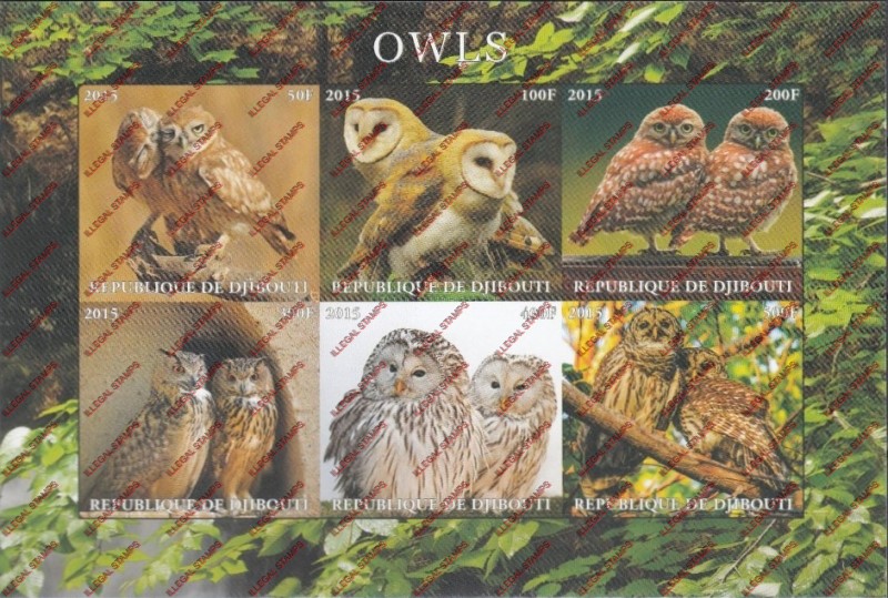 Djibouti 2015 Owls Illegal Stamp Sheetlet of 6