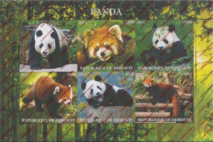 Djibouti 2015 Pandas Illegal Stamp Sheetlet of 6