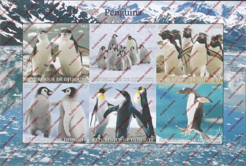 Djibouti 2015 Penguins Illegal Stamp Sheetlet of 6