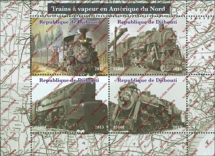 Djibouti 2015 Steam Trains of North America Illegal Stamp Souvenir Sheet of 4