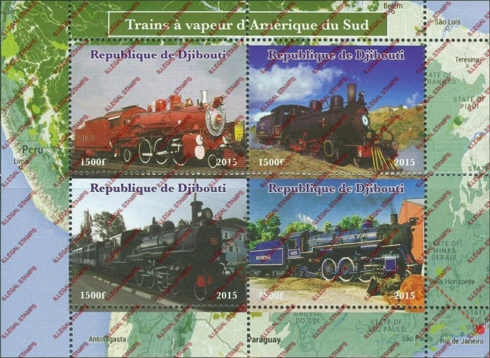 Djibouti 2015 Steam Trains of South America Illegal Stamp Souvenir Sheet of 4