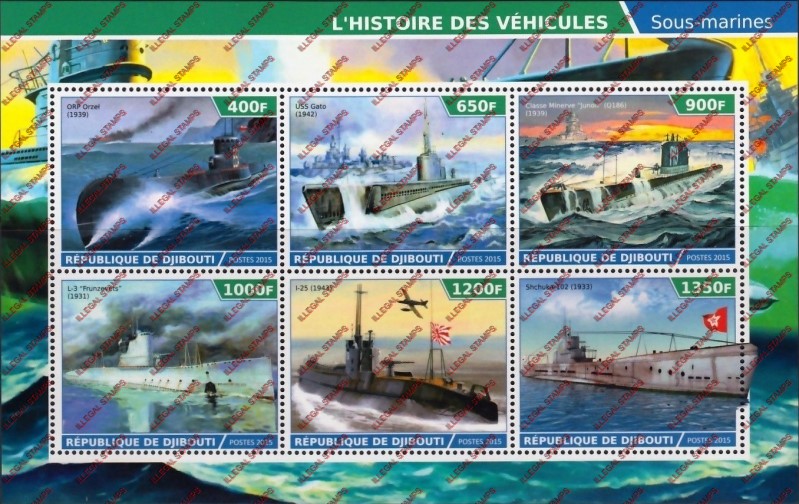Djibouti 2015 Submarines (mid-century) Illegal Stamp Sheetlet of 6