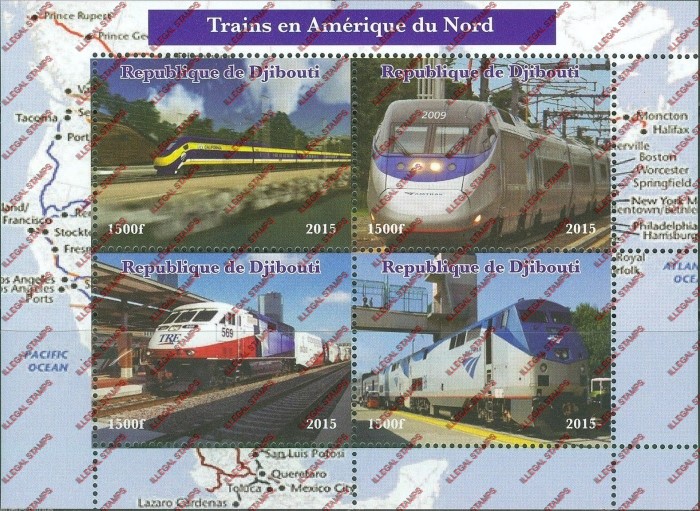Djibouti 2015 Trains of North America Illegal Stamp Souvenir Sheet of 4