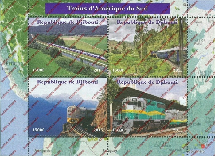 Djibouti 2015 Trains of South America Illegal Stamp Souvenir Sheet of 4