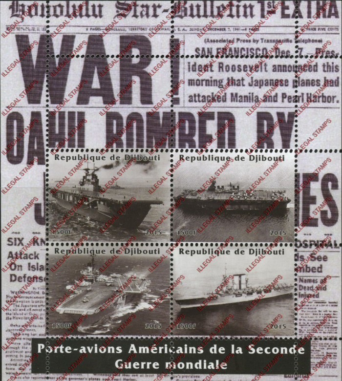 Djibouti 2015 WWII Aircraft Carriers Illegal Stamp Souvenir Sheet of 4