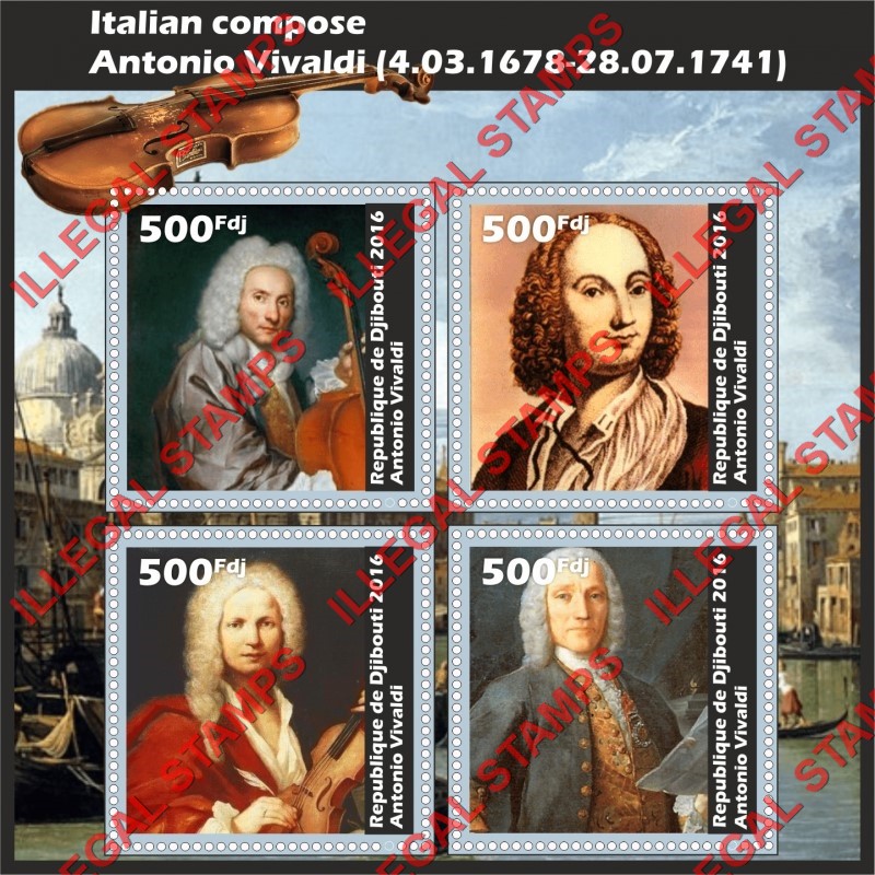Djibouti 2016 Antonio Vivaldi Italian Composer Illegal Stamp Souvenir Sheet of 4