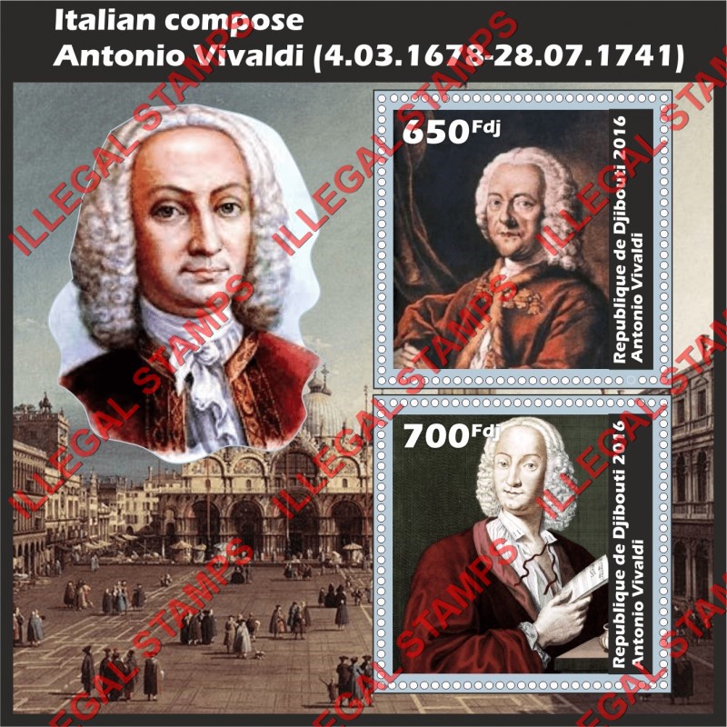 Djibouti 2016 Antonio Vivaldi Italian Composer Illegal Stamp Souvenir Sheet of 2