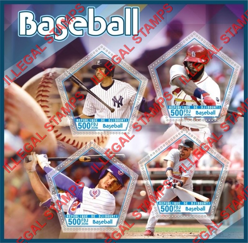 Djibouti 2016 Baseball Players Illegal Stamp Souvenir Sheet of 4