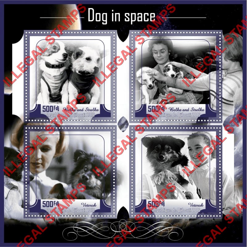 Djibouti 2016 Dogs in Space Illegal Stamp Souvenir Sheet of 4
