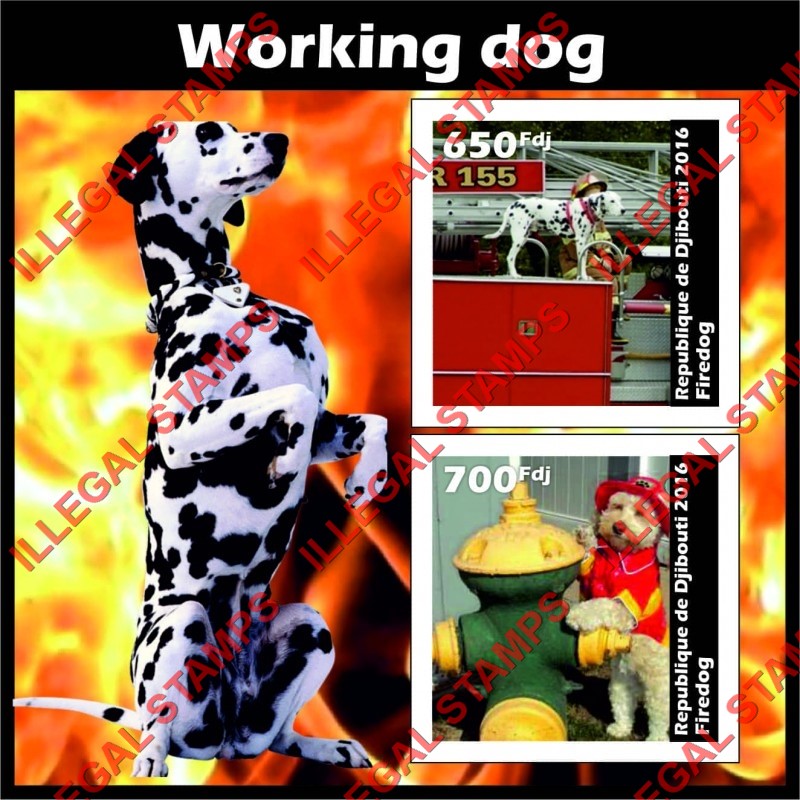 Djibouti 2016 Dogs Working Dogs Fire Dogs Illegal Stamp Souvenir Sheet of 2