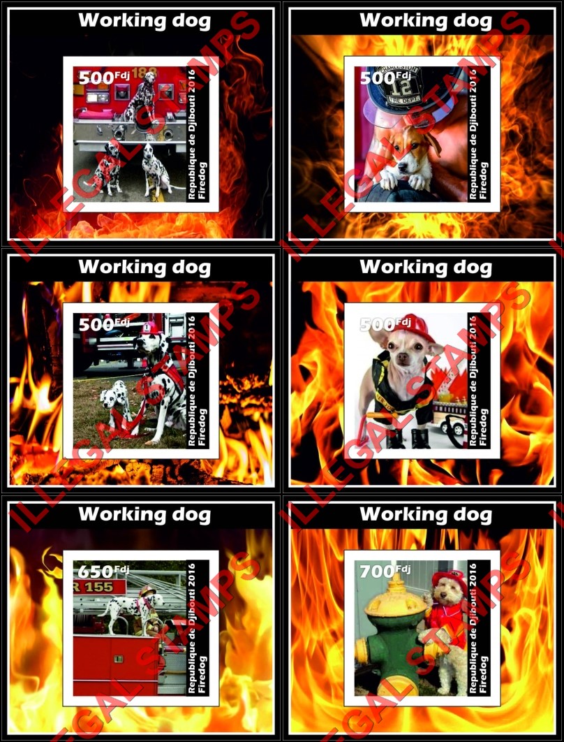 Djibouti 2016 Dogs Working Dogs Fire Dogs Illegal Stamp Souvenir Sheets of 1