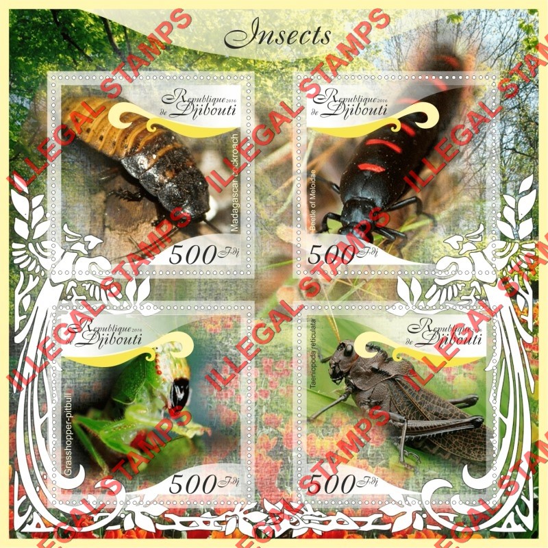 Djibouti 2016 Insects Illegal Stamp Souvenir Sheet of 4