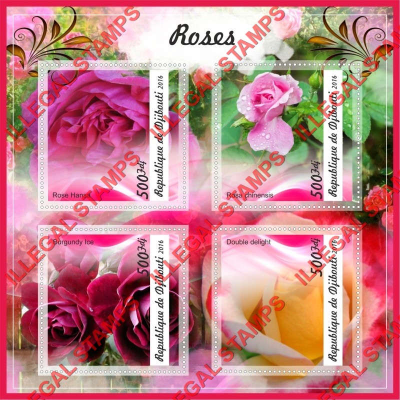 Djibouti 2016 Roses Flowers Illegal Stamp Souvenir Sheet of 4