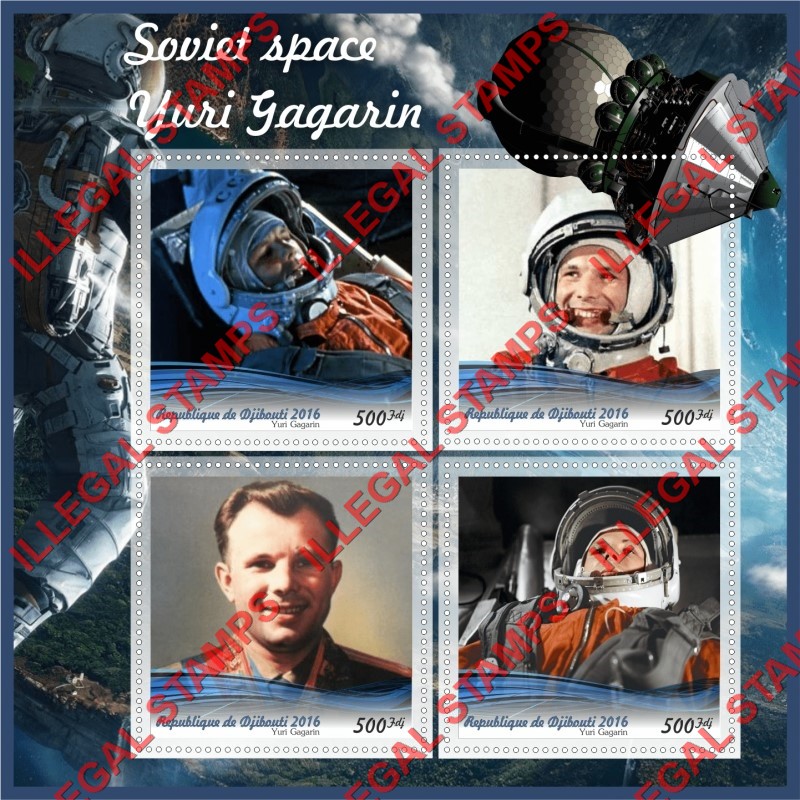 Djibouti 2016 Space Yuri Gagarin Illegal Stamp Souvenir Sheet of 4