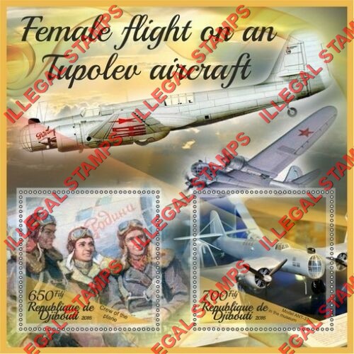 Djibouti 2016 Female Flight on a Tupolev Aircraft Illegal Stamp Souvenir Sheet of 2