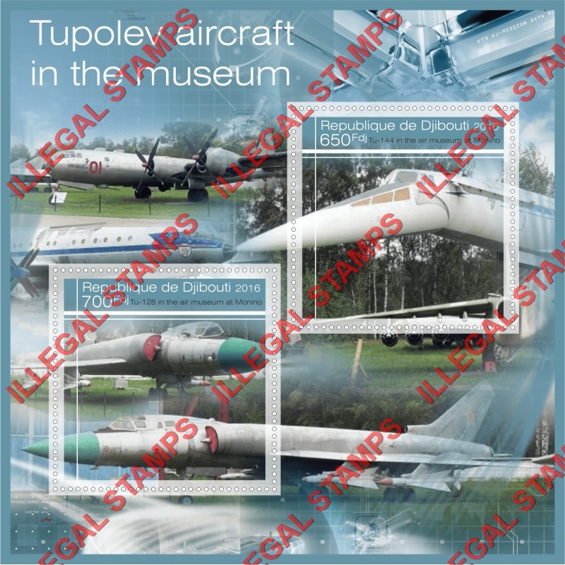 Djibouti 2016 Tupolev Aircraft in the Air Museum in Monino Illegal Stamp Souvenir Sheet of 2