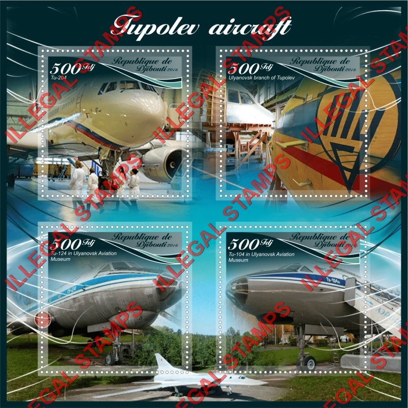 Djibouti 2016 Tupolev Aircraft Illegal Stamp Souvenir Sheet of 4