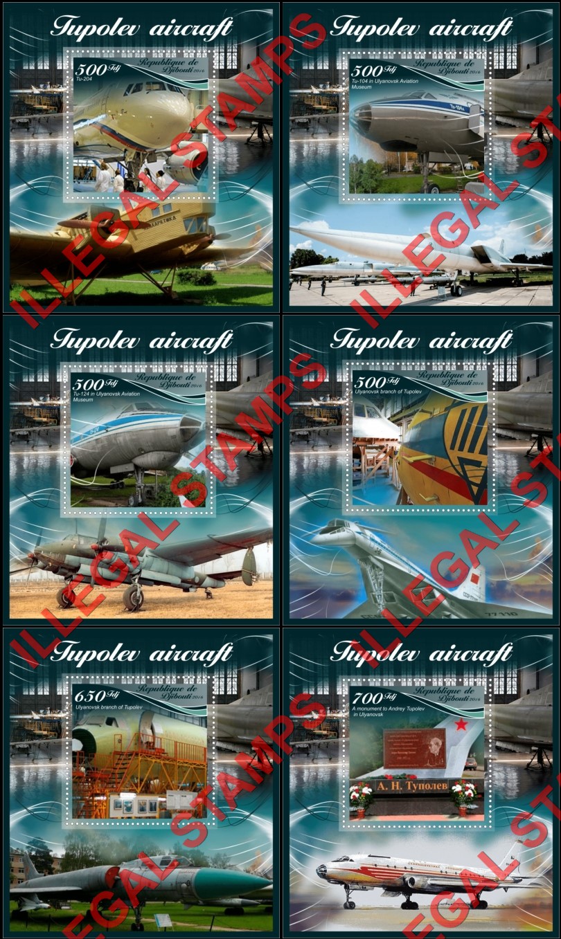 Djibouti 2016 Tupolev Aircraft Illegal Stamp Souvenir Sheets of 1