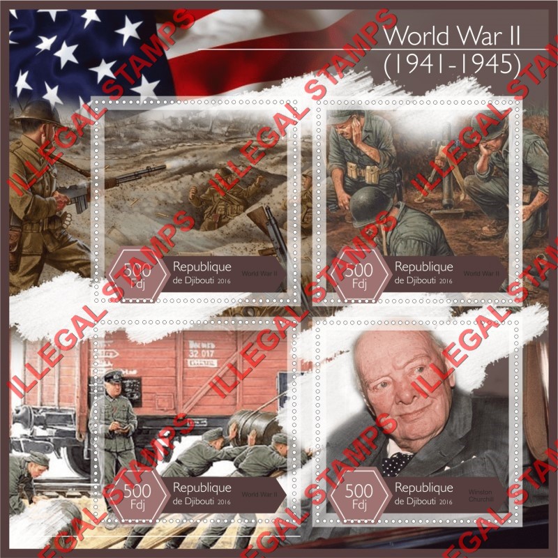 Djibouti 2016 World War II (different) Illegal Stamp Souvenir Sheet of 4
