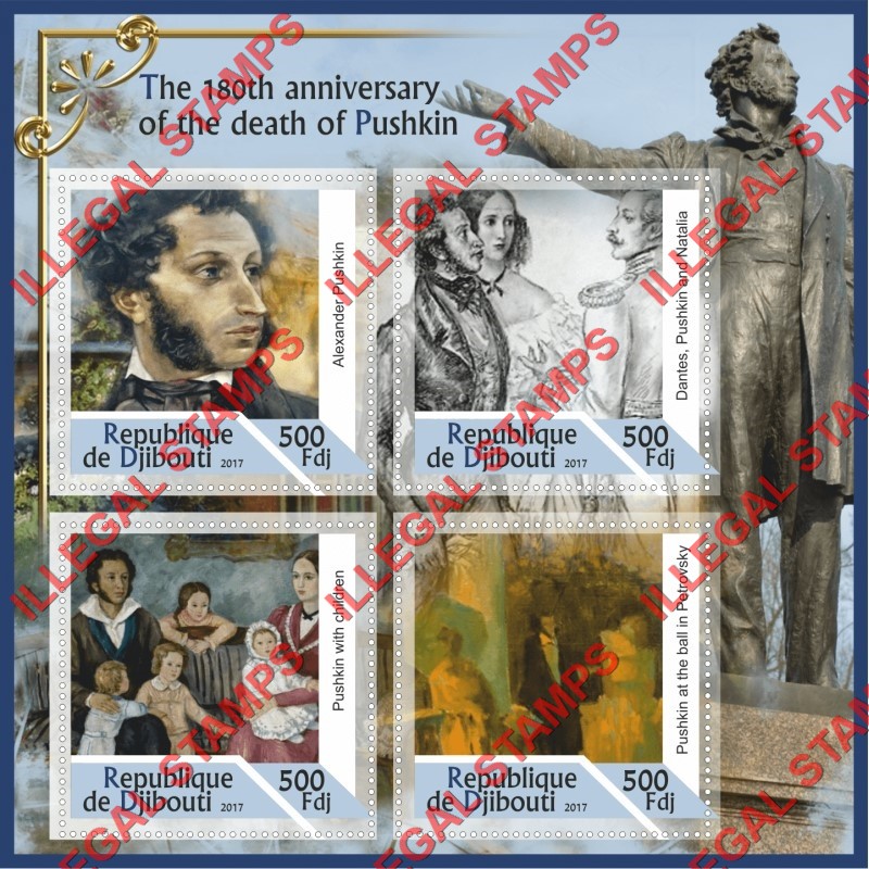 Djibouti 2017 Alexander Pushkin Illegal Stamp Souvenir Sheet of 4